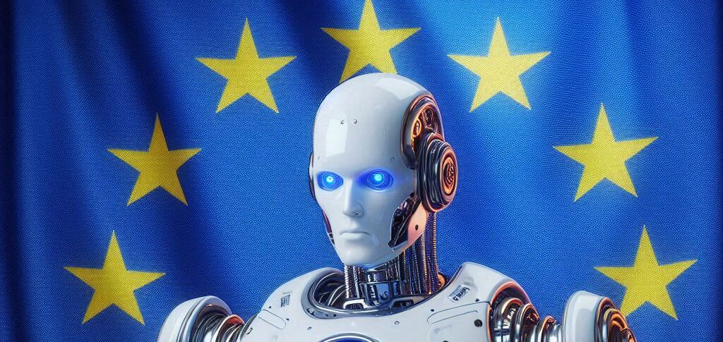 Imagem criada com ferramenta de inteligência artificial mostrando o torso de um robô e uma visão parcial da bandeira da União Europeia ao fundo.