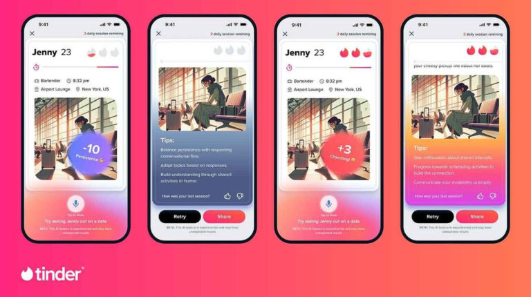 Imagem mostra quatro telas de celulares lado a lado mostrando páginas do Tinder