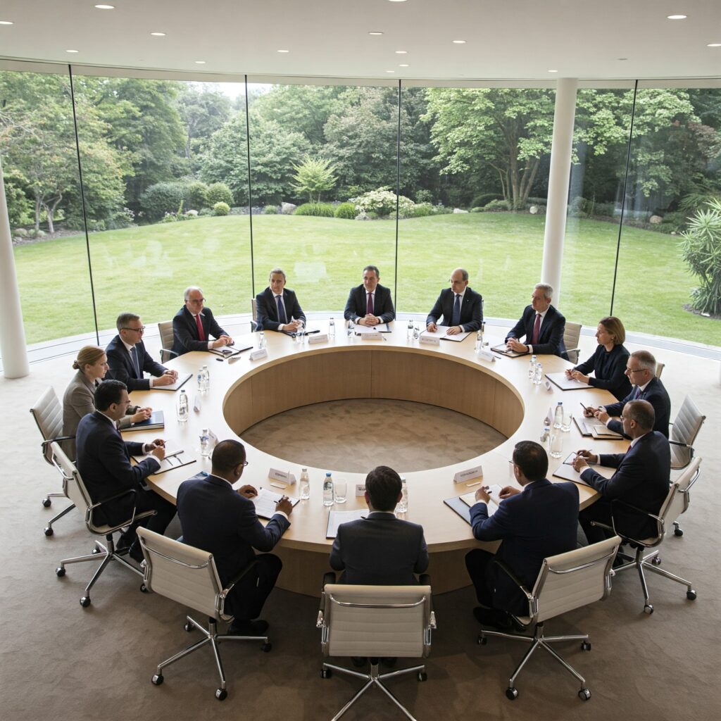 Diplomatas sentados ao redor de uma mesa redonda. Imagem gerada por IA